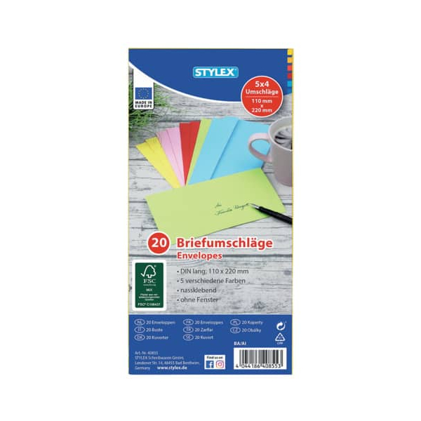 10 Stück Stylex Designbriefumschlag Toppoint 40855, Din Lang, nassklebend, 80g, farbig sortiert 4044186408553 Stylex 20 Stück