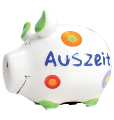 Spardose Schwein (klein) 101145 , "bunte punkte/Schriftzug Auszeit"