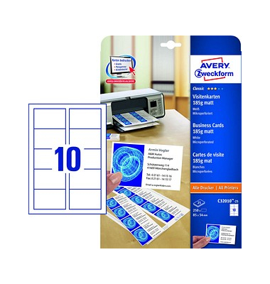 Bedruckbare Visitenkarten, microperforiert Avery-Zweckform C32010-25 85 x 54 mm 185 g/m² Weiß 250 St.