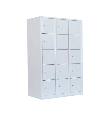 Schließfachschrank 523530, Metall, 3 Abteile mit 15 Fächern, abschließbar, 118,5x180cm (BxH), lichtgrau