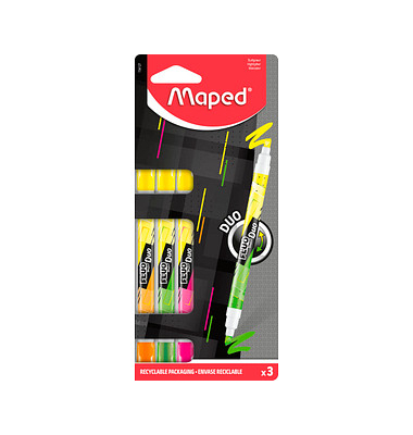 Textmarker FLUO DUO, 734127, Set, 1. Seite: gelb / 2. Seite: pink, grün, orange, 1-5mm Keilspitze