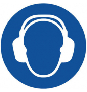 Schild, Gehörschutz benutzen, sk, Kst., 1 mm, Ø: 200 mm, blau/weiß