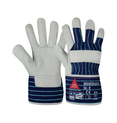 Arbeitshandschuhe Bremerhaven, Leder, natur/blau, Gr&ouml;&szlig;e 9