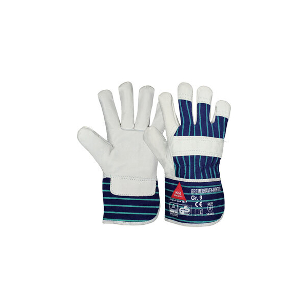 12 Stück Hase Winter-/Arbeitshandschuh Bremerhaven Winter, Leder, natur/blau, Größe 9 / L 4018949295094 Hase