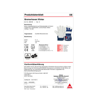 Winter-/Arbeitshandschuh Bremerhaven Winter, Leder, grau/blau, Größe 11 / XXL