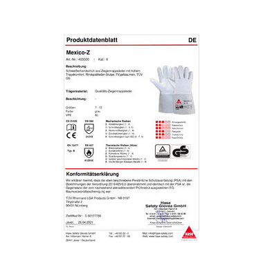 Schwei&szlig;erhandschuhe Mexico-Z, Leder, natur, Gr&ouml;&szlig;e 9 / L
