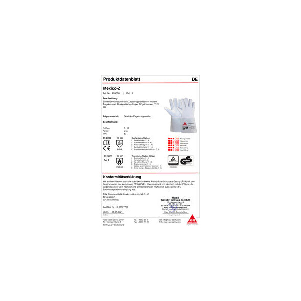 Hase - 1 Paar Schweißerhandschuh 403500 mexico-z 5-finger 35 cm Ziegennappaleder mit Spaltlederstulpe Gr 9