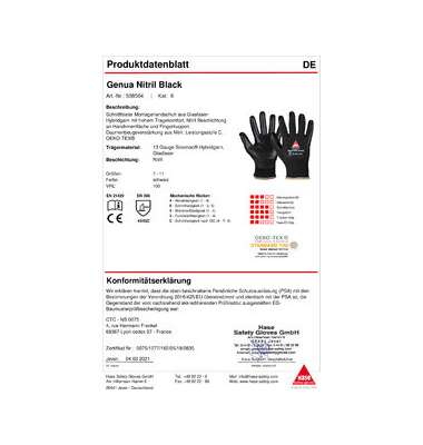Schnittschutzhandschuhe Genua Nitril Black, Nitril, schwarz, Größe 10 / XL