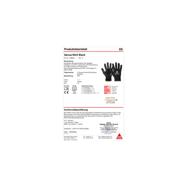 10 Stück Hase Schnittschutzhandschuhe Genua Nitril Black, Nitril, schwarz, Größe 11 / XXL 4018949504028 Hase