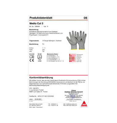 Schnittschutzhandschuhe Medio Cut 5, Polyurethan, grau/weiß, Größe 10 / XL