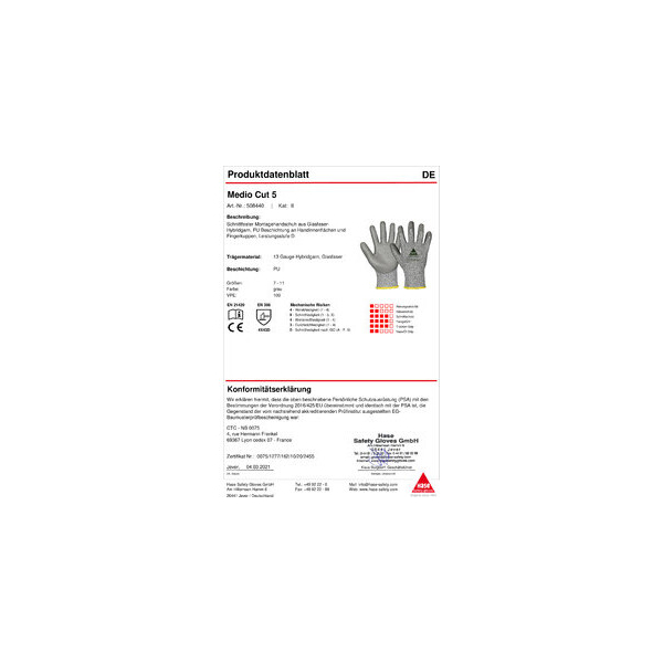 Hase Safety Gloves - 10 Paar Hase Schnittschutzhandschuh Medio Cut5 Polyurethan-beschichtet Gr 10