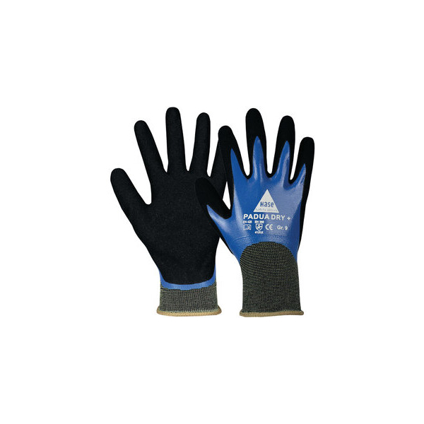 10 Stück Hase Montagehandschuhe Padua Dry+, Nitril, Nitrilschaum, schwarz/blau, Größe 9 / L 4018949586895 Hase