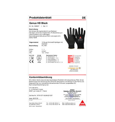 Schnittschutzhandschuhe Genua HD Black, Polyurethan, schwarz, Größe 10 / XL
