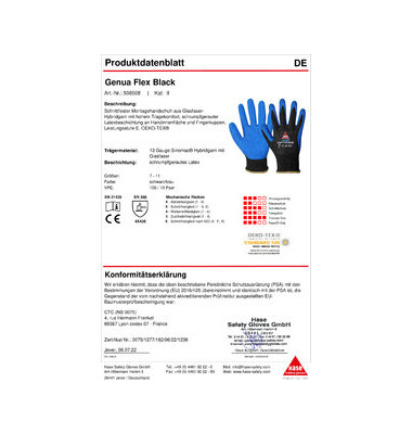 Schnittschutzhandschuhe Genua Flex Black, Polyurethan, schwarz, Größe 10 / XL