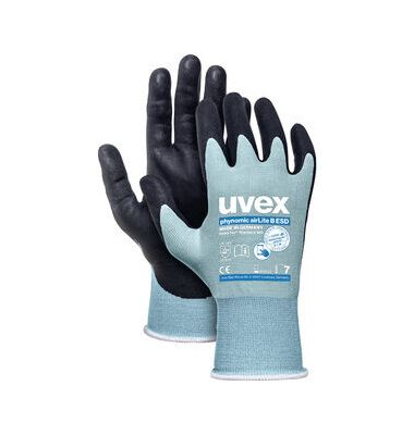 Montage-/Schnittschutzhandschuh phynomic airLite B ESD , Aqua-Polymer airLite , schwarz/hellblau, Größe 7 / S