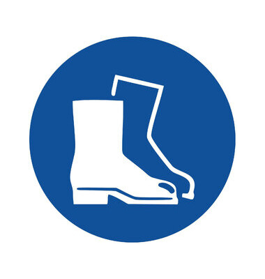 Schild, Fußschutz benutzen, sk, Kst., 1 mm, Ø: 200 mm, blau/weiß