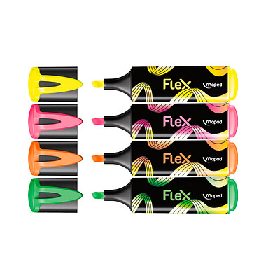 Textmarker FLUO PEPS FLEX, 740300, Etui, 4-farbig sortiert, 1-5mm Keilspitze