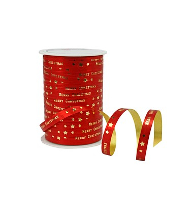 Geschenkband Merry Christmas 680 9-709, Schriftzug Merry Chrismas und Sterne, 10mm x 100m, rot/gold