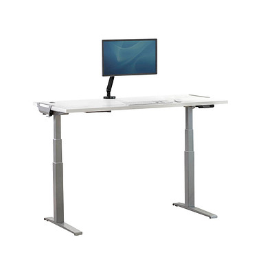 Sitz-Steh-Schreibtisch Levado, elektrisch höhenverstellbar, 64-126cm (H), 180x80cm (BxT), rechteckig, weiß / silber