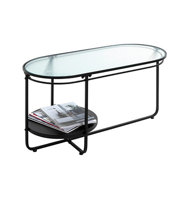 Couchtisch, 49cm (H), 90x42cm (BxT), oval, Milchglas / schwarz