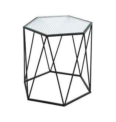 Beistelltisch 23590, 46cm (H), 46x40cm (BxT), sechseckig, Milchglas / schwarz