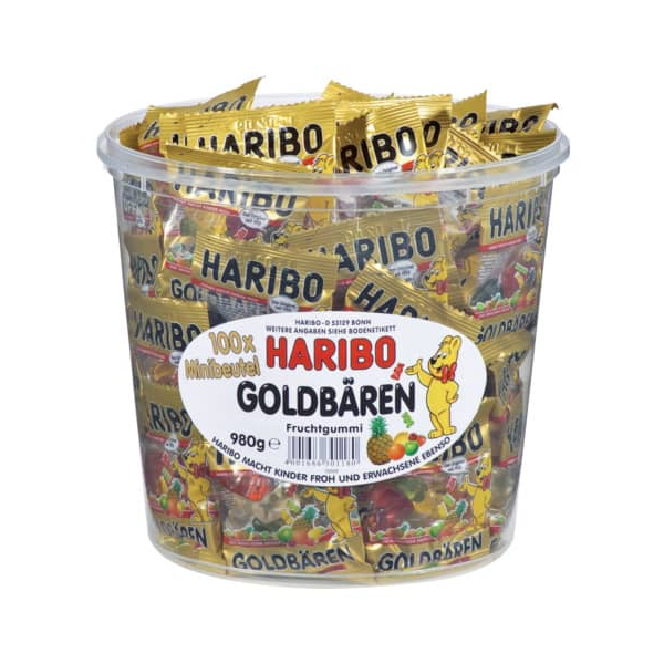 4001686301210 - Goldbären Fruchtgummi Minis 100 Stück im Eimer 1 kg - Inhalt 2 Flaschen