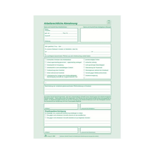 25 x RNK Arbeitsrechliche Abmahnung selbstdurchschreibend A4 3 Blatt