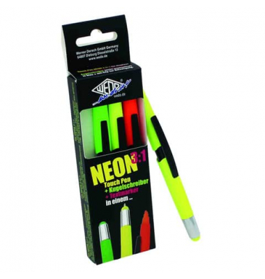 Textmarker Neon 3:1, 261610499, Etui (4#), farbig sortiert, 1mm Keilspitze+ Kugelschreiber
