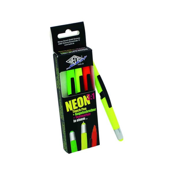 WEDO Eingabestift 3-in-1 NEON 4er Etui Touchpen Kugelschreiber & Textmarker in einem sortiert in - 1 Stück (261 610499)
