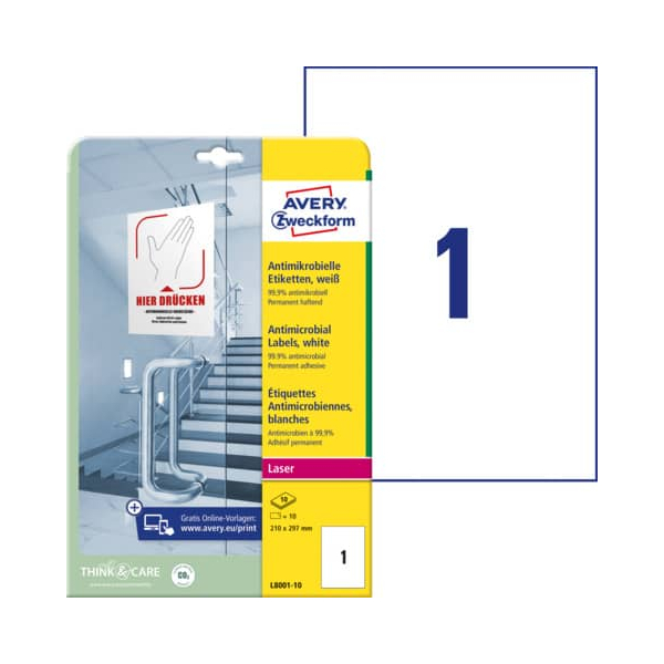 4004182380017 - Etiketten Serie L8001-10 antimikrobiell desinfektionsmittelbeständig für Laserdrucker 210 x 297 mm 10 Stück 10 A4-Bogen Folie weiß