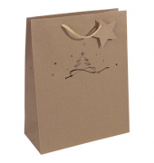 Geschenktasche GT037 Christmas Tree, Weihnachten, Kunststoffkordel mit Geschenkanhänger, Weihnachtsbaum,Sterne, 26cm x 33cm
