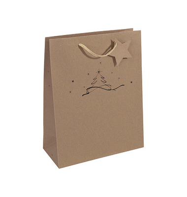 Geschenktasche GT037 Christmas Tree, Weihnachten, Kunststoffkordel mit Geschenkanhänger, Weihnachtsbaum,Sterne, 26cm x 33cm