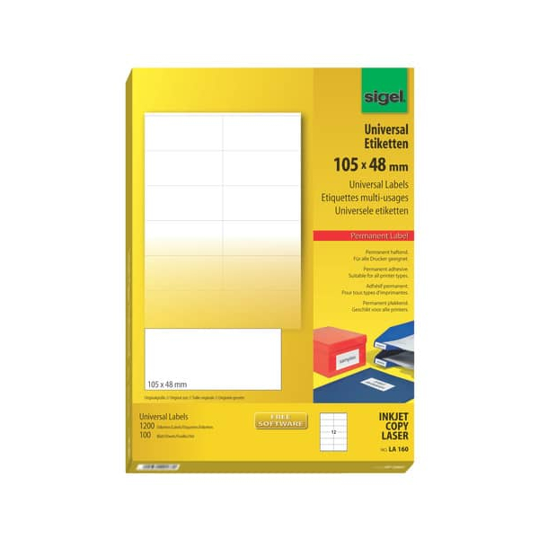 Sigel Etiketten Inkjet/Laser Kopier 105x48mm VE=1200 Stück (100 Blatt)