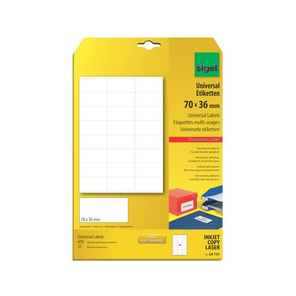 Sigel Etiketten Inkjet/Laser Kopier 70x36mm VE=600 Stück (25 Blatt) we