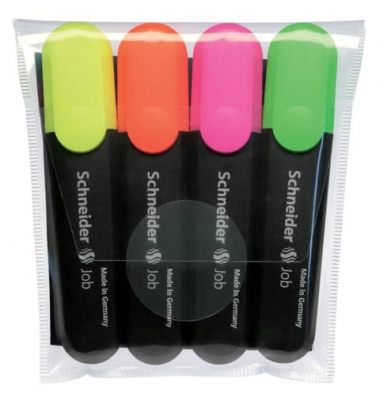 Textmarker Job, 1500, Etui (4 #), farbig sortiert (gelb/gr&uuml;n/orange/pink), 1-5mm Keilspitze