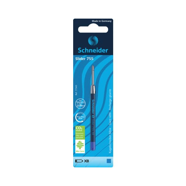 Schneider 77343 Slider 755 Kugelschreibermine (ViscoGlide-Technologie, dokumentenecht, Strichbreite XB) 1er Blisterkarte, blau