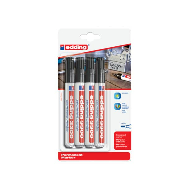 10 Stück Edding Permanentmarker Permanentmarker, 3300-4-1001, Packung, schwarz, 1-5mm Keilspitze 4004764791361 Edding 4 Stück