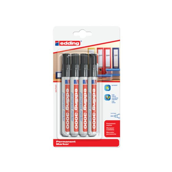 10 Stück Edding Permanentmarker Permanentmarker, 3000-4-1001, Packung, schwarz, 1,5-3mm Rundspitze 4004764791422 Edding 4 Stück