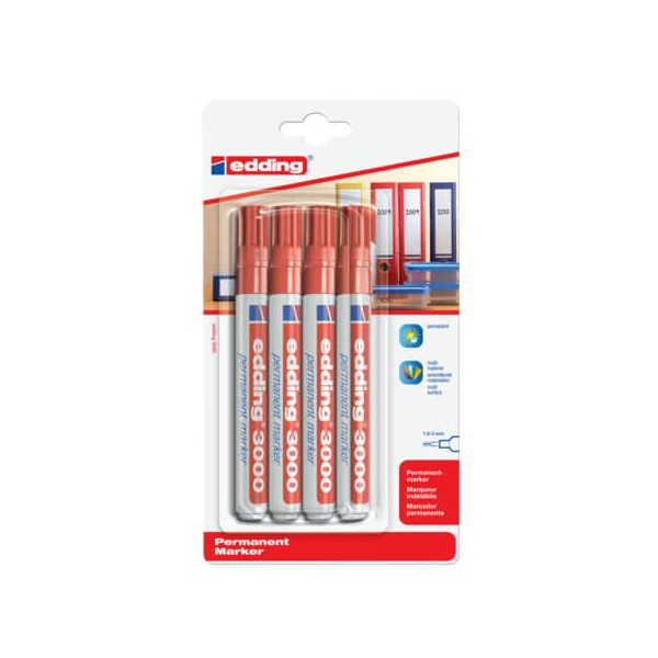 10 Stück Edding Permanentmarker Permanentmarker, 3000-4-1002, Packung, rot, 1,5-3mm Rundspitze 4004764796199 Edding 4 Stück