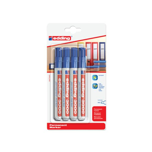10 Stück Edding Permanentmarker Permanentmarker, 3000-4-1003, Packung, blau, 1,5-3mm Rundspitze 4004764796229 Edding 4 Stück