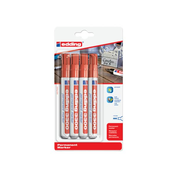 10 Stück Edding Permanentmarker Permanentmarker, 3300-4-1002, Packung, rot, 1-5mm Keilspitze 4004764796588 Edding 4 Stück