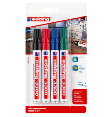 Permanentmarker, 3300-4-1999, Packung, 4-farbig sortiert, 1-5mm Keilspitze