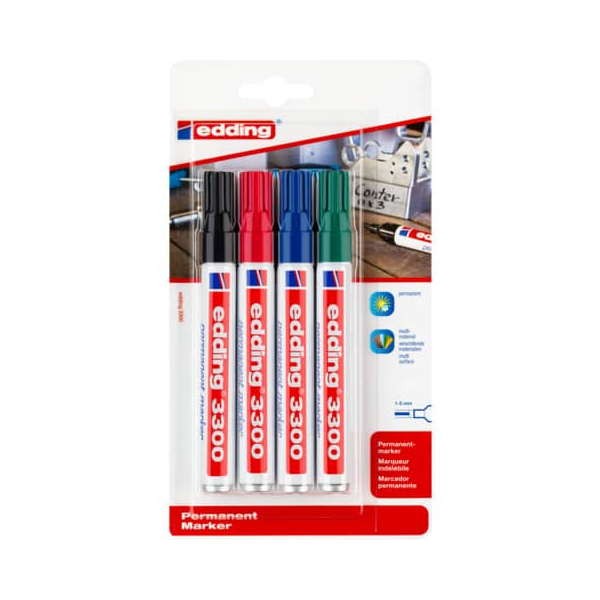 10 Stück Edding Permanentmarker, 3300-4-1999, Packung, 4-farbig sortiert, 1-5mm Keilspitze 4004764796670 Edding 4 Stück