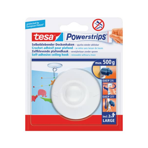 4042448105684 - Klebehaken Deckenhaken für Deckenaufhängungen selbstklebend ohne Bohren inkl 2 Powerstrips Large max 500g Tragkraft wiederverwendbar - weiß - Tesa