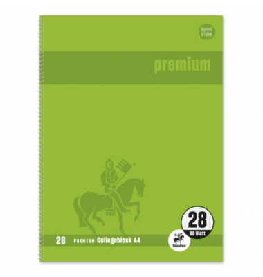 Collegeblock 734451288 Premium, Lineatur 28 / kariert mit Rand innen/außen, A4, 90g, grün, 80 Blatt