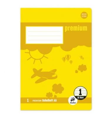 Schulheft 734010601 Premium, Lineatur 1 / Schreiblern-Lineatur, A5, 90g, gelb, 32 Blatt / 64 Seiten
