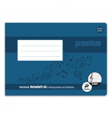 Notenheft 734017513 Premium, Lineatur 14 / Notenlinien / keine, A5 quer, 90g, blau, 8 Blatt / 16 Seiten