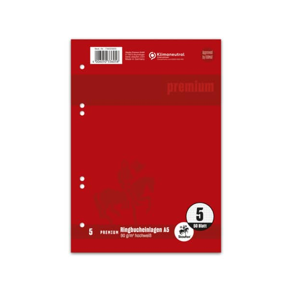 2 Stück Staufen Ringbucheinlagen 734033605 PREMIUM Top-90, kariert, A5, 90g, 6-fach-Lochung 4006050336058 Staufen 50 Blatt