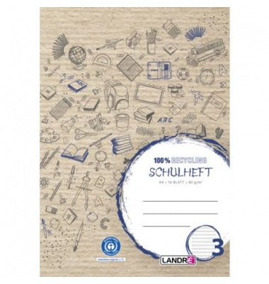 Schulheft 400146761 Recycling, Lineatur 3 / Schreiblern-Lineatur / keine, A4, 80g, braun, 16 Blatt / 32 Seiten