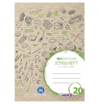 Schulheft 400146765 Recycling, Lineatur 20 / blanko / keine, A4, 80g, braun, 16 Blatt / 32 Seiten